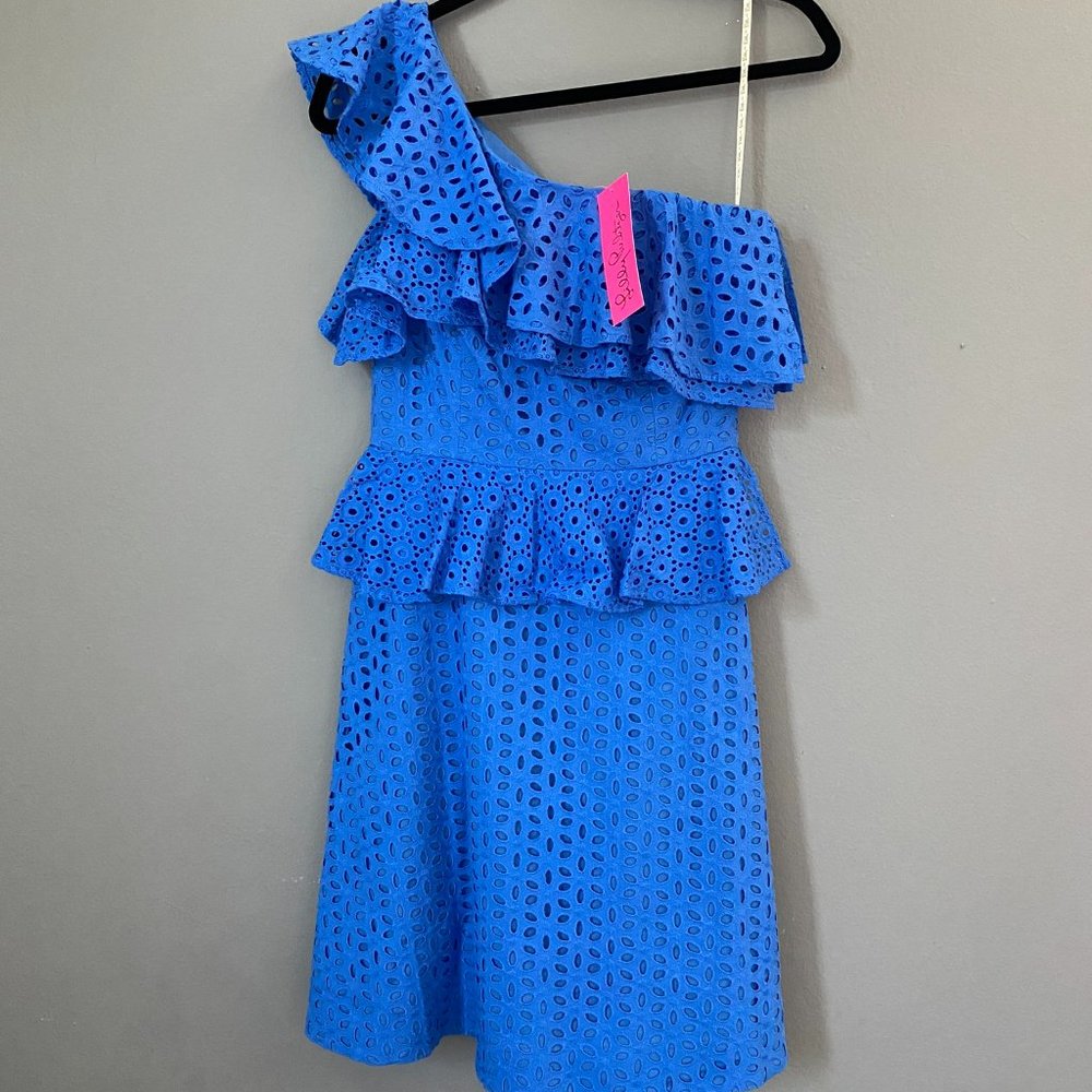 Lilly Pulitzer One-Shoulder Eyelet Ruffle Dress in Bright Blue
